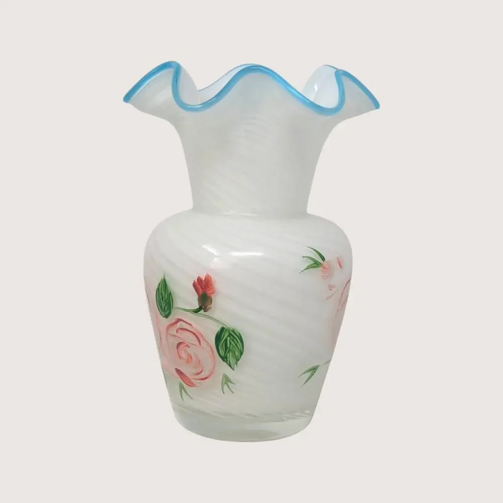 1970s Fenton White Swirl Glass Painted Rose Vase